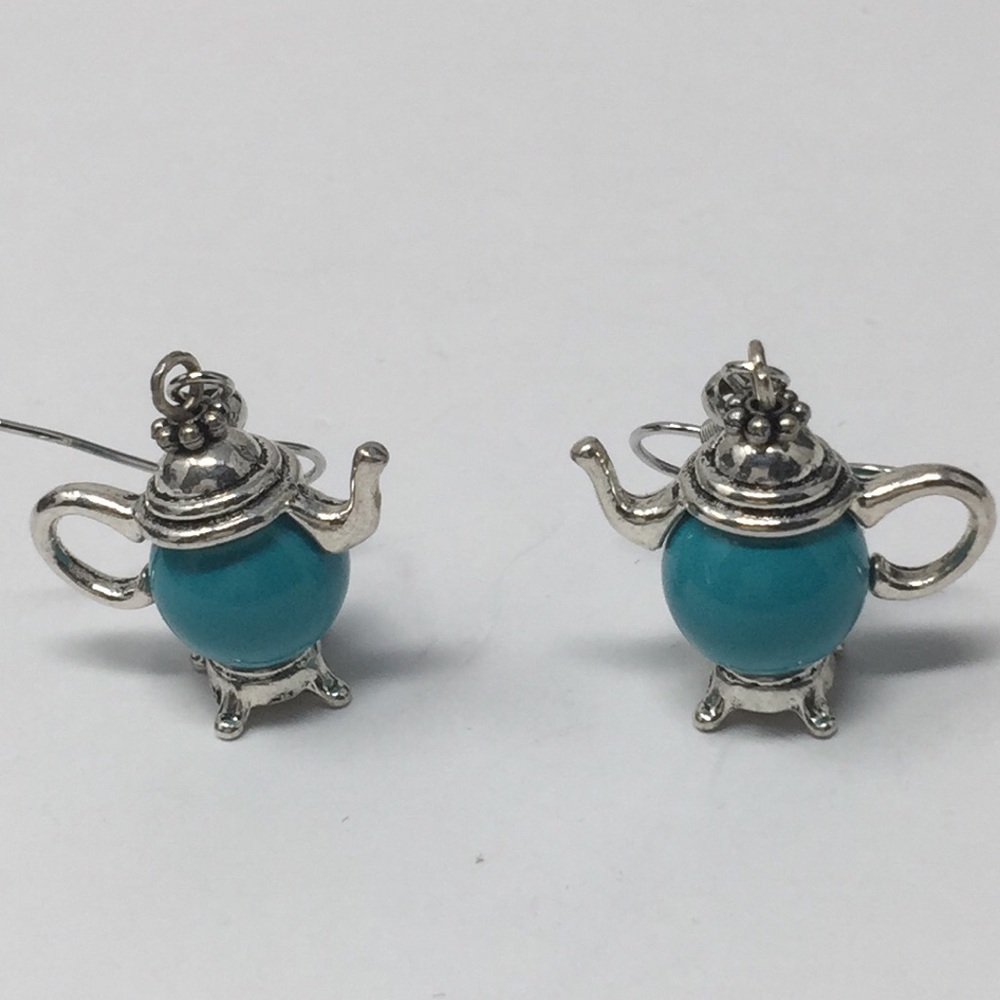 Teapot earrings tea coffee pierced silver tone